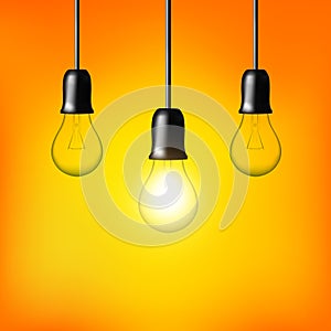 Vector Light bulb on orange yellow background. Realistic style lamp.