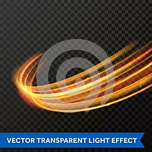 Vector light effect of line gold swirl. Glowing light fire flare trace