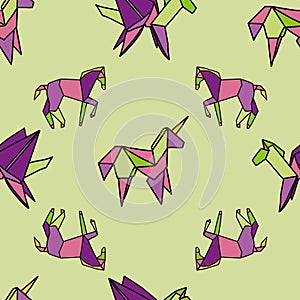 Vector Light green Origami pegasus, unicorns, and horses background pattern