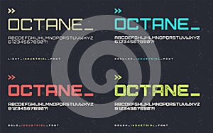 Vector light regular bold and rough industrial style display font, blocky typeface, futuristic uppercase letters and numbers, alp