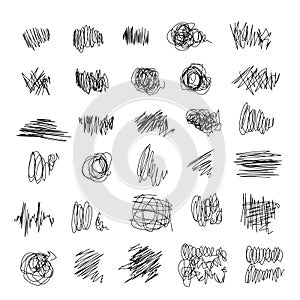 Vector light set of hand drawn scribble line shapes. Scribble brush strokes. Logo design elements. Chaos doodle paiting