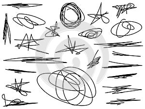 Vector light set of hand drawn scribble line shapes. Scribble brush strokes set. Logo design elements. Chaos doodle pattern