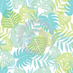 Vector light tropical leaves summer hawaiian seamless pattern with tropical green plants and leaves on navy blue