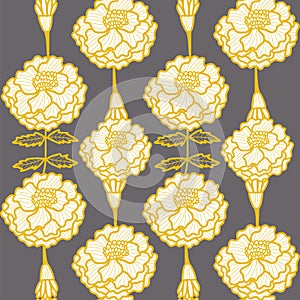 Vector light yellow and grey drawing an elegant seamless pattern with marigold plants, leaves, and hibiscus flowers.
