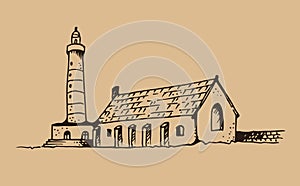 Vector lighthouse, hand drawn beacon illustration, sketch