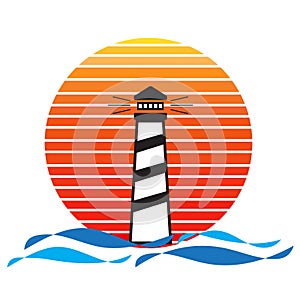 Vector of lighthouse on sea and sunset in background