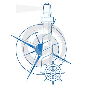 vector lighthouse, windrose and the ship's rudder