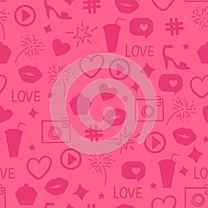 Vector Like girly pattern. Abstract pink icon texture Seamless design surface background. Kiss, like, heart, camera, beauty party.