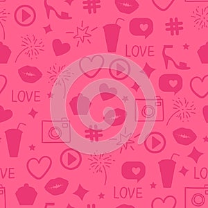 Vector Like girly pattern. Abstract pink icon texture Seamless design surface background. Kiss, like, heart, camera, beauty party. photo