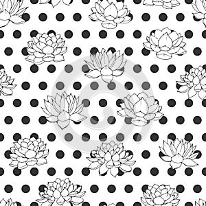 Vector lilies contours with black polka dot seamless pattern on white background. Retro floral design.