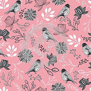 Vector line art birds and flowers seamless pattern