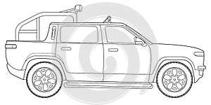 Vector line art car, concept design. Vehicle black contour outline sketch illustration isolated on white background