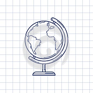 Vector line art globe for studying geography in sketch style isolated on white checkered background