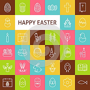 Vector Line Art Happy Easter Icons Set