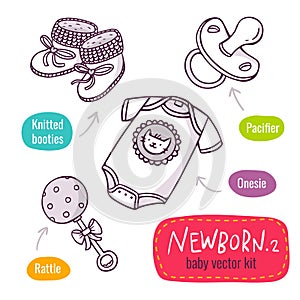 Vector line art icon set with baby products for newborns isolate