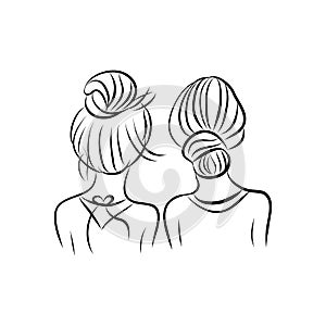 Vector line art illustration, girls , two friends, together - back view