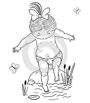 Vector line art illustration of a small girl on a stone takes a step into the water