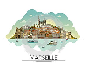 Vector line art Marseille, France, travel landmarks and architecture icon. The most popular tourist destinations