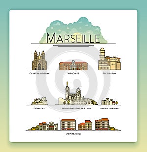 Vector line art Marseille, France, travel landmarks and architecture icon set. The most popular tourist destinations