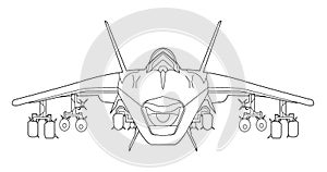 Vector line art military plane, concept design. Airplane black contour outline illustration isolated on white background