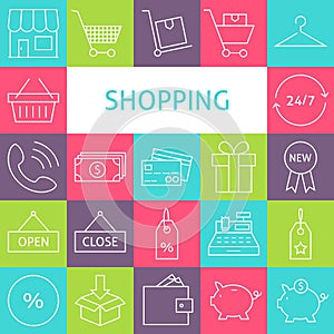 Vector Line Art Modern Shopping and Retail Icons Set