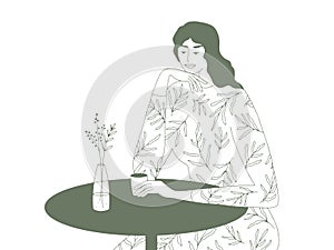 Vector line art portrait of beautiful woman sitting at table in cafe and drinking cup of coffee or tea