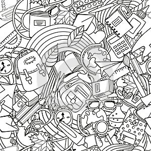 Vector line art school seamless pattern. Monochrome doodle education and school supplies.