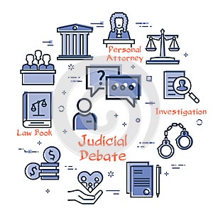 Vector line banner of legal proceedings - judicial debate icon