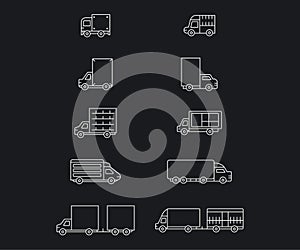 Vector line delivery truck icon set. Outline transportation symbol and service package business. Logistic cargo container van and