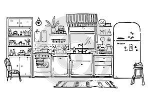 Vector line drawing of a cozy kitchen