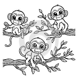 Vector line drawing of a group of monkeys in black and white