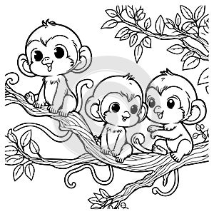 Vector line drawing of a group of monkeys in black and white