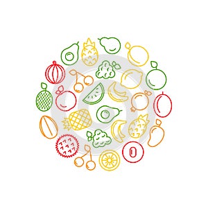 Vector line fruits icons in circle shape illustration