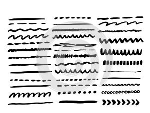 Vector line grunge sketch border set. Hand Drawn Brush pen stroke, pencil devider, black element photo