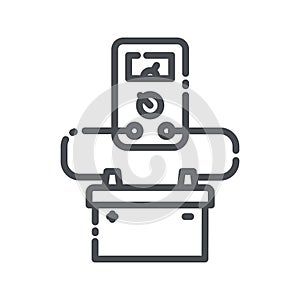 Vector line icon of a car battery with multi meter diagnostics front view