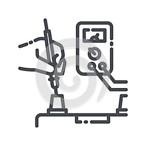 Vector line icon of a car battery with multi meter diagnostics front view