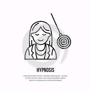 Vector line icon of happy woman on hypnotherapy. Hypnosis sign, psychology linear logo. Outline symbol of smiling girl with