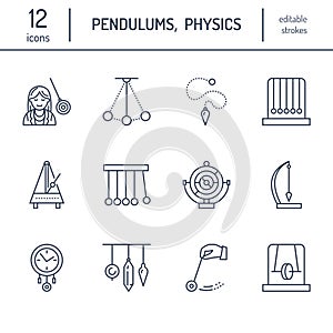 Vector line icon of pendulum types. Newton cradle, metronome, table pendulum, perpetuum mobile, gyroscope. Linear pictogram