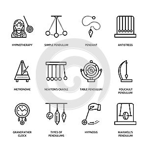 Vector line icon of pendulum types. Newton cradle, metronome, table pendulum, perpetuum mobile, gyroscope. Linear