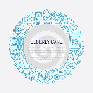 Vector line icon of senior and elderly care. Medical poster template with illustration of old people, wheelchair, leisure, hospit