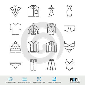 Vector Line Icon Set. Clothes Related Linear Icons. Garments Symbols, Pictograms, Signs