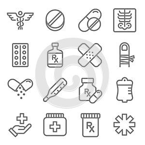 Vector Line Icon Set. Contains such Icons as Pills, Tablet, Pain, Painkiller, Aspirin, Health and more.