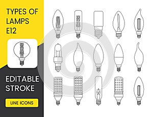 Vector line icon set depicting lamps with E12 base