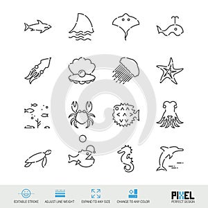 Vector Line Icon Set. Marine Life Related Linear Icons. Sea Creatures, Animals Symbols, Pictograms, Signs