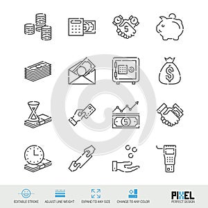 Vector Line Icon Set. Money Related Linear Icons. Finance Symbols, Pictograms, Signs