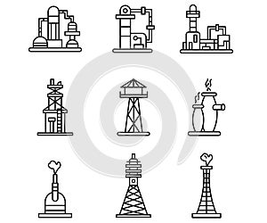 Vector line icon set oil industry building. Factory engineering symbol and outline manufacturing station. Chemical power