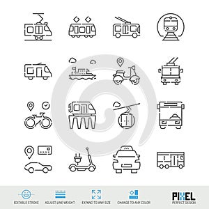 Vector Line Icon Set. Public Transport Related Linear Icons. City Vehicles Symbols, Pictograms, Signs