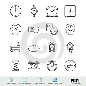 Vector Line Icon Set. Time Related Linear Icons. Clock Symbols, Pictograms, Signs