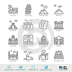 Vector Line Icon Set. World Sights Related Linear Icons. Old Landmarks Symbols, Pictograms, Signs