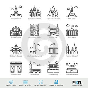 Vector Line Icon Set. World Sights Related Linear Icons. Old Landmarks Symbols, Pictograms, Signs